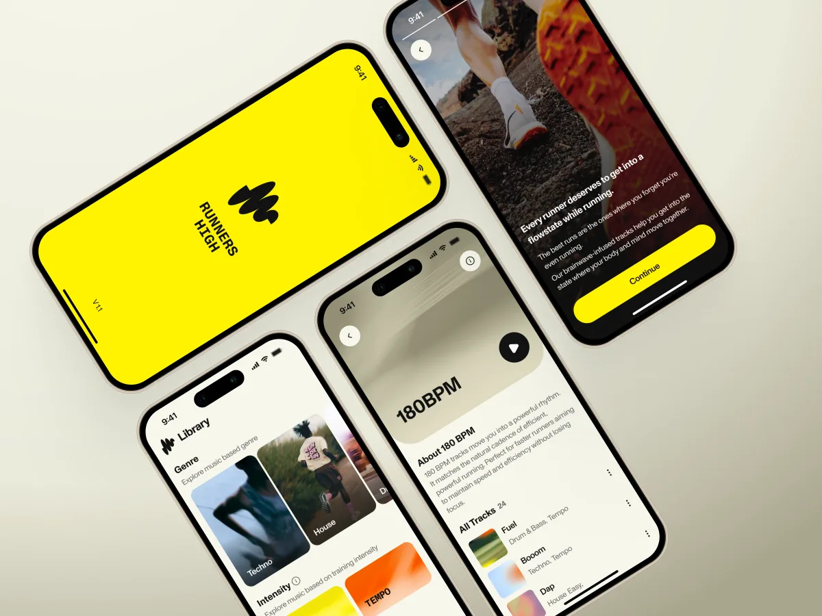RUNNERS HIGH iPhone app screens: splash, library, a 180 BPM playlist and onboarding