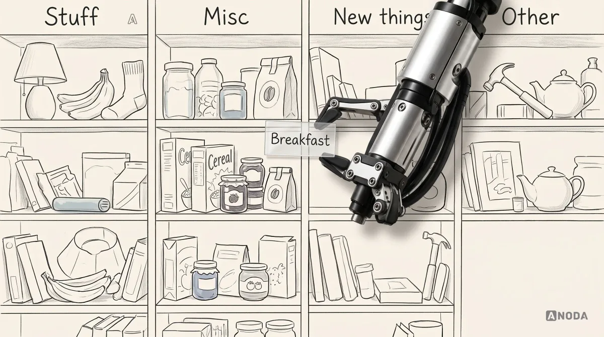 A steel robotic hand hangs a real clear sign reading 'Breakfast' among drawn shop shelves labelled 'Stuff', 'Misc', 'New things' and 'Other', each holding random goods, next to the shelf where cereal, jam and coffee sit together.