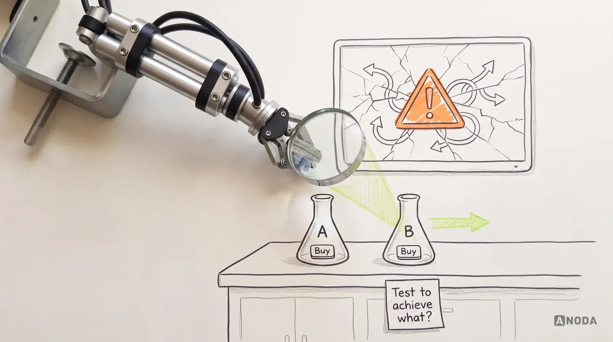 Mixed-media illustration: two drawn beakers labelled A and B each hold a small “Buy” button on a lab bench while a real steel arm examines them with a real magnifying glass, ignoring a large broken product screen with an orange warning sign on the wall behind; a sticky note reads “Test to achieve what?”.