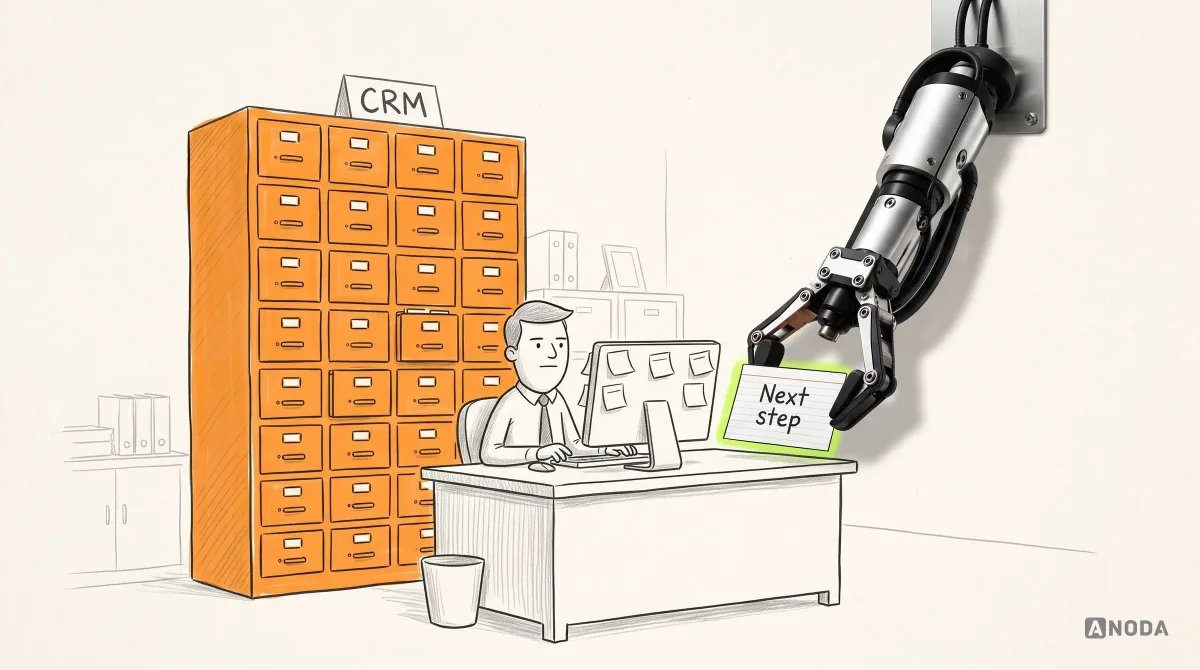 Mixed-media illustration: a drawn salesperson works at a desk covered in sticky notes with his back to a huge orange filing cabinet labelled “CRM”, while a real steel arm hanging from the top holds out a real index card reading “Next step”.
