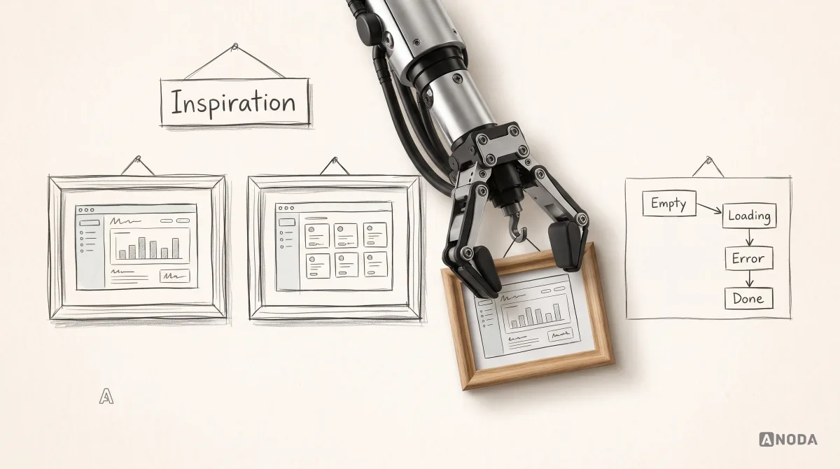 A steel robotic hand lifts a small real wooden picture frame holding a dashboard sketch off a drawn gallery wall under an 'Inspiration' sign, beside a drawn flowchart of the states Empty, Loading, Error and Done.
