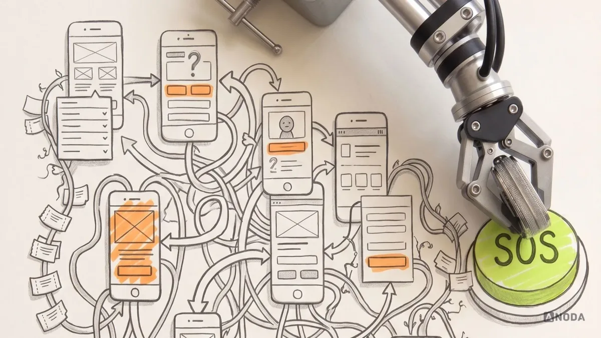 Mixed-media illustration: a drawn product seen from above as an overgrown maze of app screens tangled in arrows and ticket vines, with dead-end screens highlighted orange; a real steel arm presses a large lime “SOS” button at the edge of the maze.