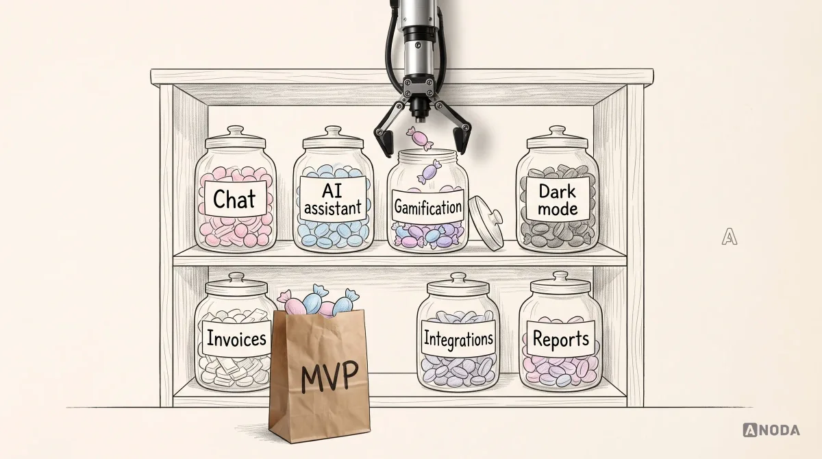 Mixed-media illustration: a real steel arm drops a sweet back into a jar labelled "Gamification" on a drawn sweet-shop shelf of feature jars, such as "Chat", "AI assistant" and "Dark mode", while a real paper bag marked "MVP" holds only a few sweets.