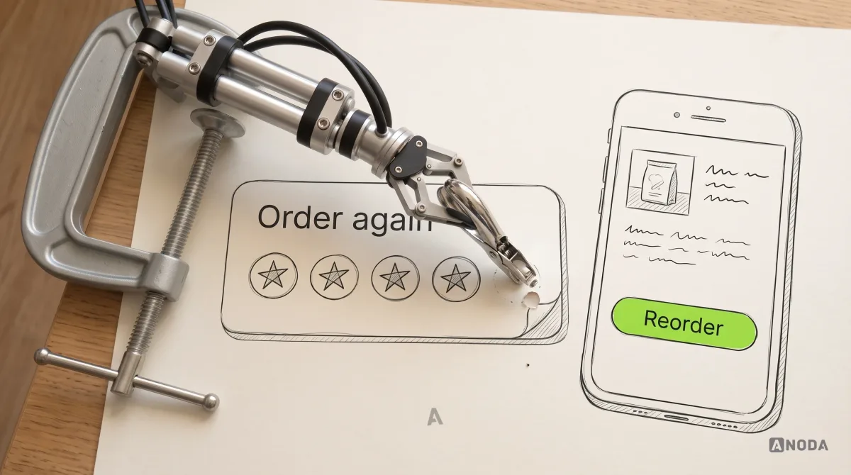Mixed-media illustration: a real steel robotic arm punches the fifth stamp on a drawn loyalty card labelled “Order again” with a real metal hole punch, next to a drawn phone showing a simple app with a large “Reorder” button highlighted in lime.