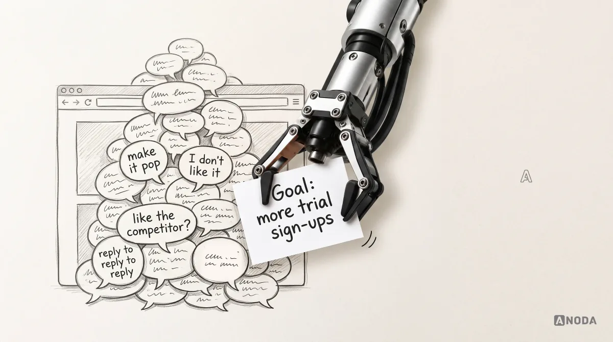 Mixed-media illustration: a real steel arm pulls a clean paper card reading "Goal: more trial sign-ups" out of a messy pile of drawn comment bubbles, such as "make it pop" and "I don't like it", that buries a drawn web page.