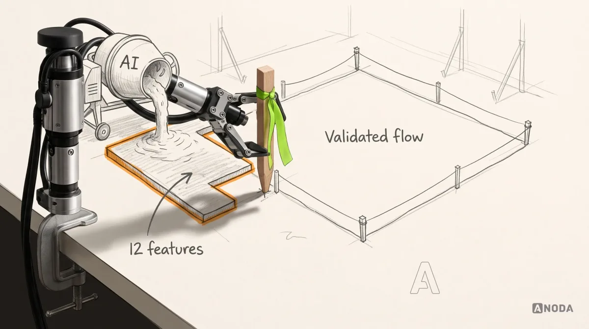 Mixed-media illustration: on a drawn building plot, a drawn concrete mixer labelled “AI” pours a foundation slab labelled “12 features” off to one side, outlined in orange, while a string-and-stake outline labelled “Validated flow” stays empty; a real steel robotic arm on a table clamp drives a real wooden survey stake with a lime ribbon into the corner of the string outline.