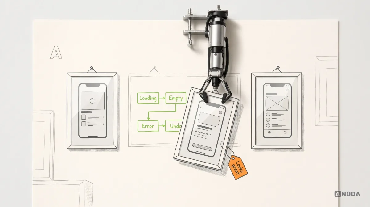 Mixed-media illustration: a drawn gallery wall of framed app screenshots; a real steel robotic arm clamped to the top edge lifts one glossy frame, tagged "Looks great" in orange, off its nail, revealing a lime flowchart drawn on the wall behind it with the states "Loading", "Empty", "Error" and "Undo" joined by arrows.