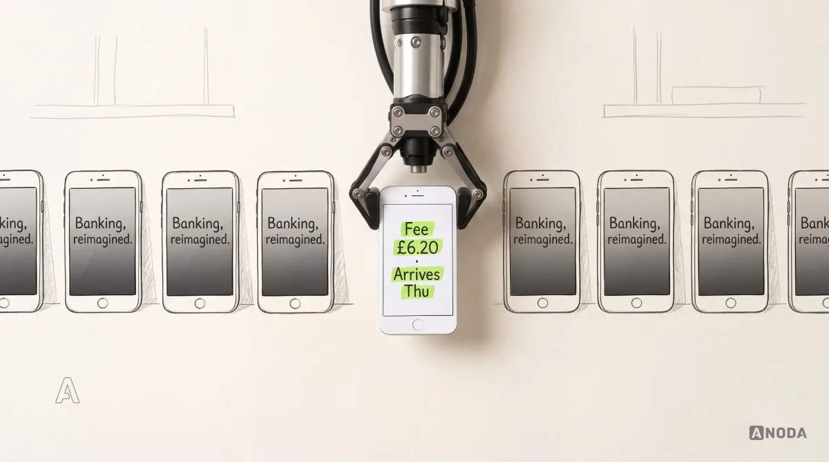 Mixed-media illustration: a row of identical drawn smartphones with dark gradient screens all reading "Banking, reimagined." stands on a drawn shelf, and a real steel robotic arm hanging from the top edge sets down one plain paper-white phone whose screen reads "Fee £6.20 · Arrives Thu" in lime.