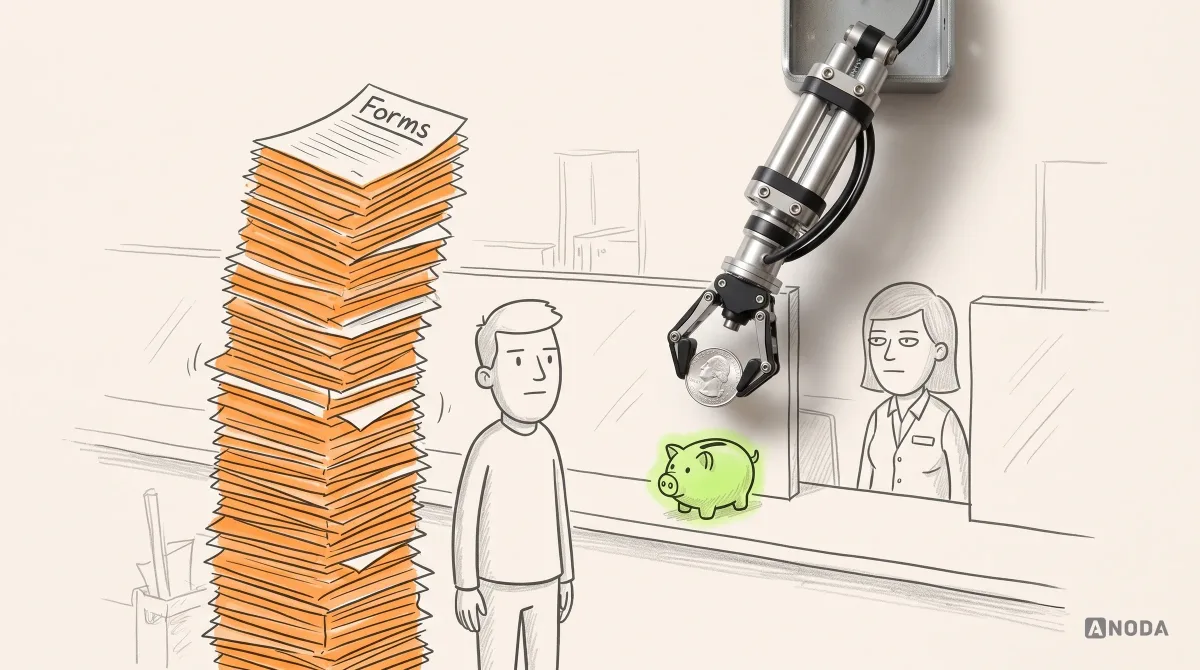 Mixed-media illustration: a drawn customer stands at a bank counter beside a towering orange stack of paperwork labelled “Forms”, while a real steel arm hanging from the top holds a real coin above a small lime-green piggy bank on the counter.