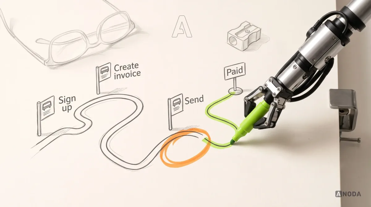 Mixed-media illustration: a drawn bus route winds across the paper with stops labelled “Sign up”, “Create invoice” and “Send”; the line stops short of the last stop, “Paid”, leaving a gap circled in orange, and a real steel robotic arm on a table clamp draws the missing segment in lime with a real marker.