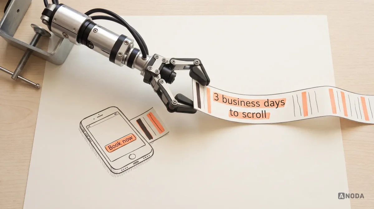 A real steel robotic arm lifts away a long cut-off paper ribbon of a drawn web page marked “3 business days to scroll”, leaving a small drawn phone showing one short screen with a “Book now” button.