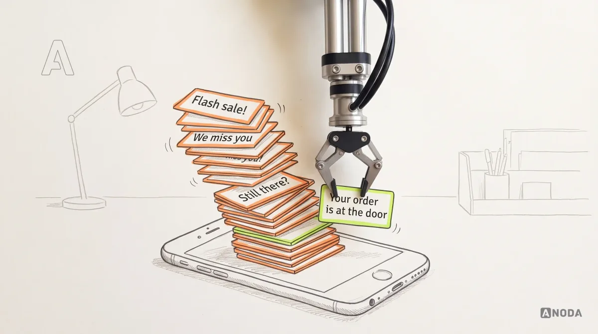 Mixed-media illustration: a drawn smartphone lies on paper under a tall, toppling pile of drawn notification cards outlined in orange, reading "Flash sale!", "We miss you" and "Still there?"; a real steel robotic arm hanging from the top edge pulls out the one lime-outlined card, "Your order is at the door".