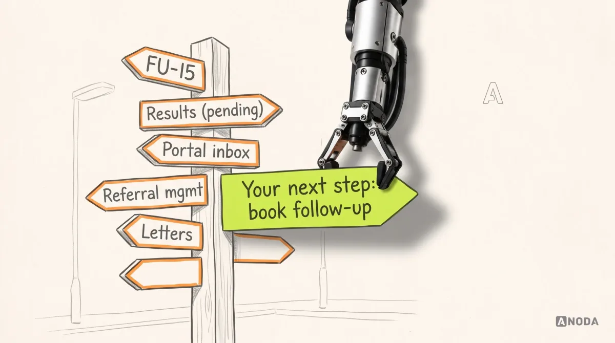 Mixed-media illustration: a hand-drawn clinic signpost bristles with arrows labelled in jargon, "FU-15", "Results (pending)", "Portal inbox", "Referral mgmt" and "Letters", all traced in orange and pointing in different directions; a real steel robotic arm hanging from the top edge fixes one new lime arrow to the post reading "Your next step: book follow-up".
