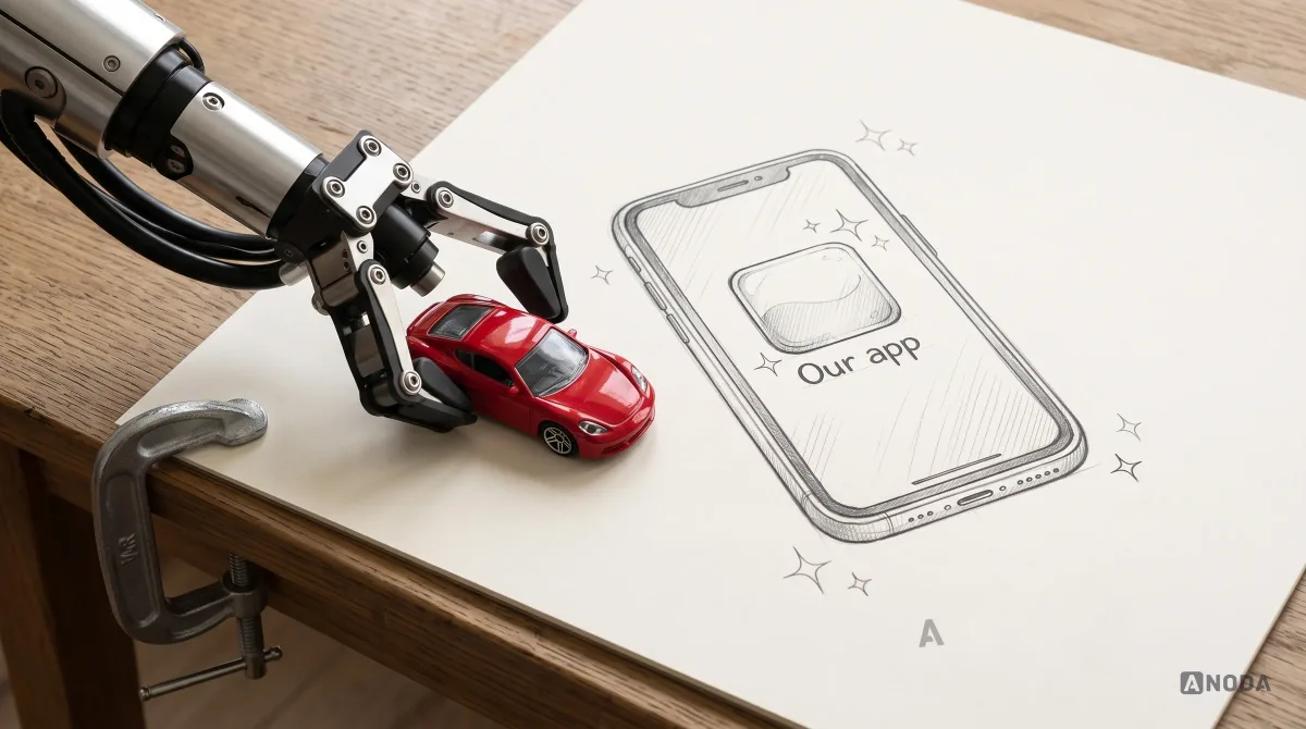 Mixed-media illustration: a drawn smartphone shows a single glossy app icon labelled "Our app" surrounded by sparkles, while a real steel robotic arm sets a small red toy sports car down next to it.