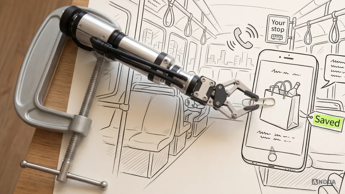 Mixed-media illustration: a drawn bus interior with a ringing call, a “Your stop” sign and a notification bubble around a large drawn phone showing a shopping bag; a real steel robotic arm clips a real paper clip onto the drawn bag, next to a “Saved” tag highlighted in lime