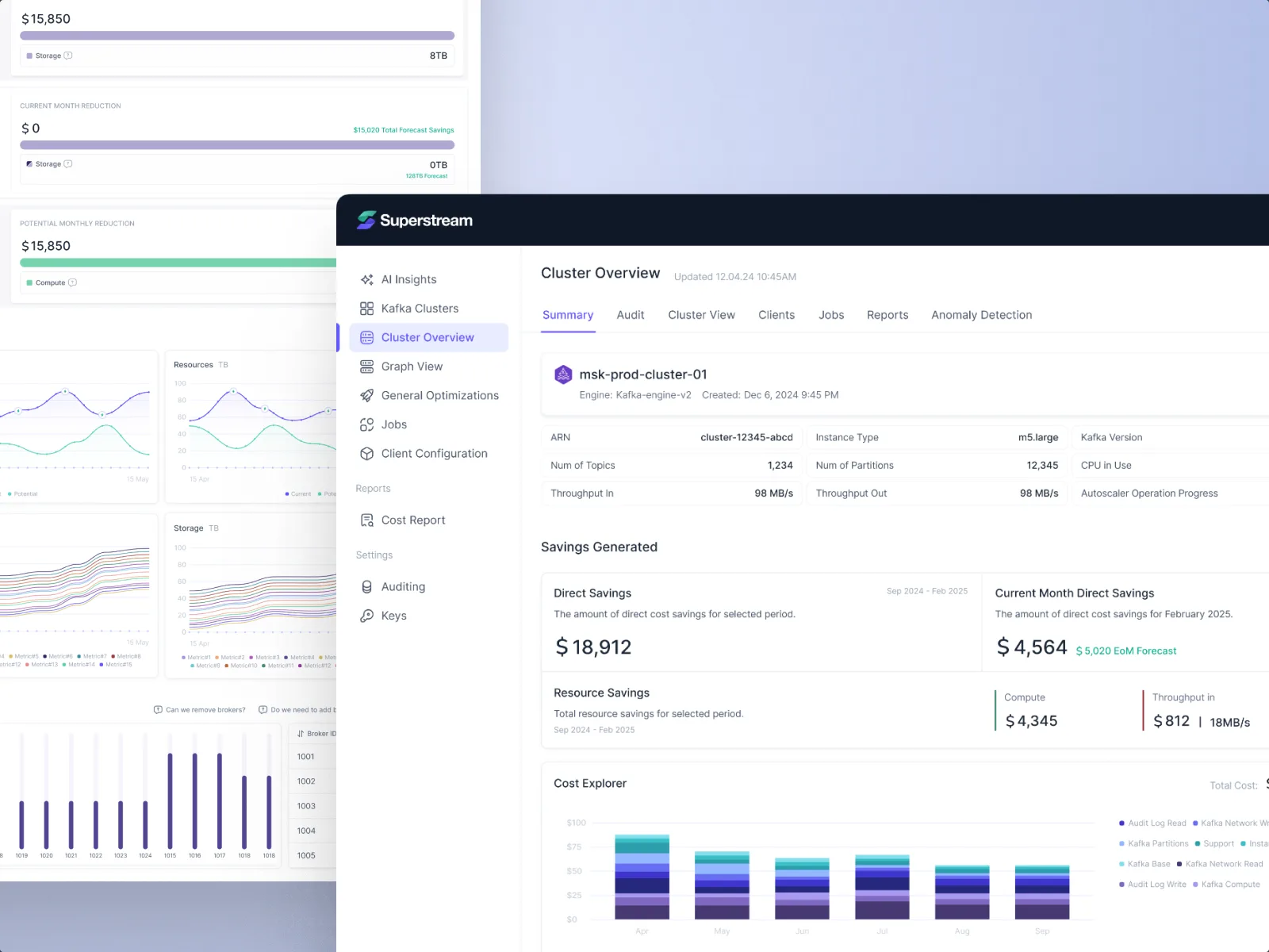 Cluster overview summary with the savings generated and the cost explorer